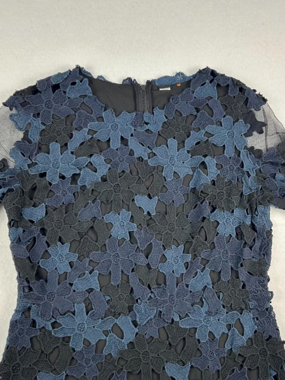 Elie Tahari | Ophelia Short Sleeve Black Blue Crochet Lace Sheath Dress, size 10 - Picture 8 of 12
